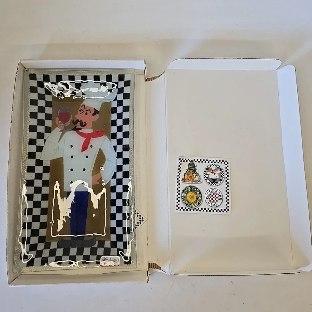 Peggy Karr Signed Chef W Wine Bistro Fused Glass Tidbit Plate Checkered 13.5x7.5